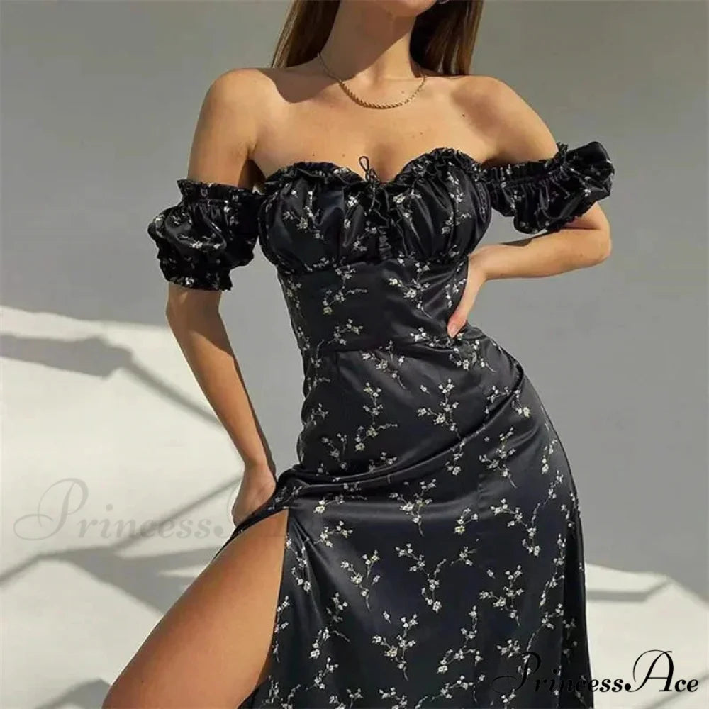 2024 Summer New Fashion Slit SlimMIDI Long Plus Size Dress Floral Dress Black / S