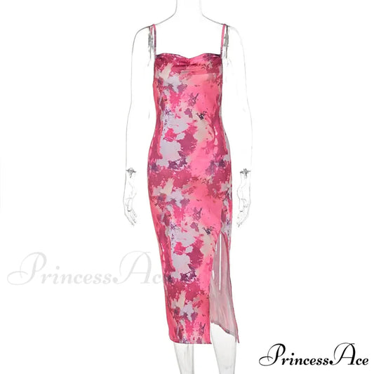 2024 Summer New Split Sexy SlimWomen’s Halter Trending Clothing Korean Reviews Floral Dress PINK / S