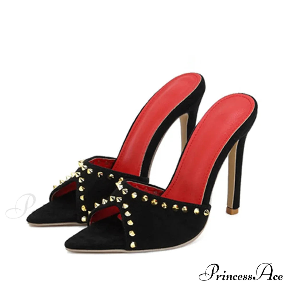 2024 SummerFashion Metal Rivet Designer High-Heels Pointed-Toe Party Stripper Women Mules High Heel Black / 35