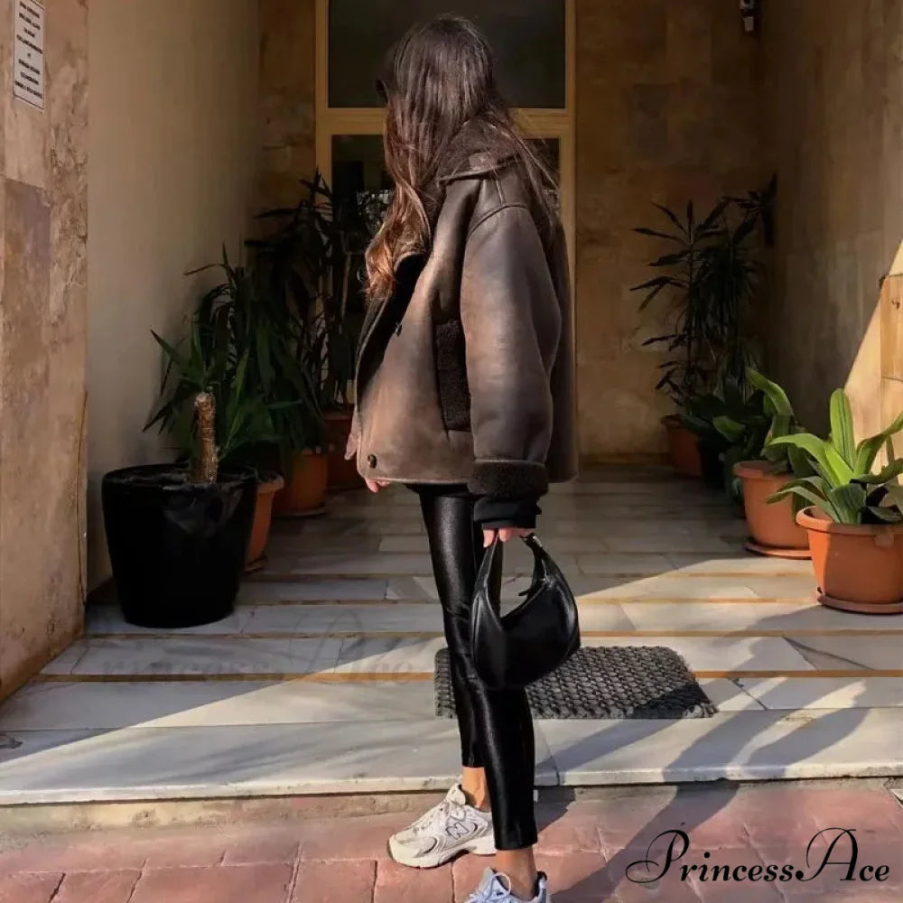 2024 Thick Faux Leather Autumn Winter Warm Wool Blends Demi-season Jacket