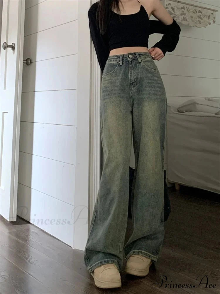 2024 Vintage Korean Denim Pants Y2K American Retro Waist Cowboy Slim Straight Leg Wide Leg Cowboy Jeans