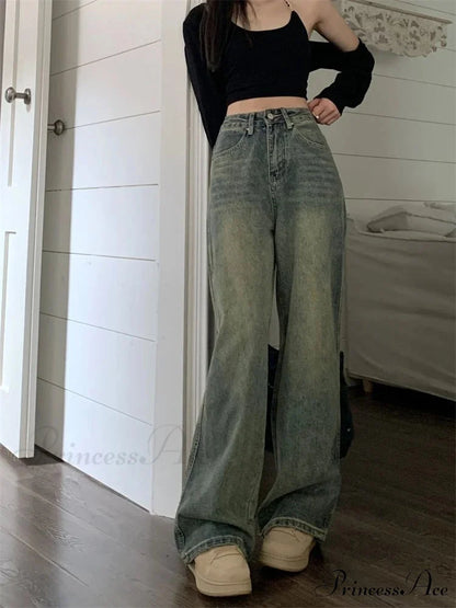 2024 Vintage Korean Denim Pants Y2K American Retro Waist Cowboy Slim Straight Leg Wide Leg Cowboy Jeans