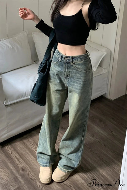 2024 Vintage Korean Denim Pants Y2K American Retro Waist Cowboy Slim Straight Leg Wide Leg Cowboy Jeans