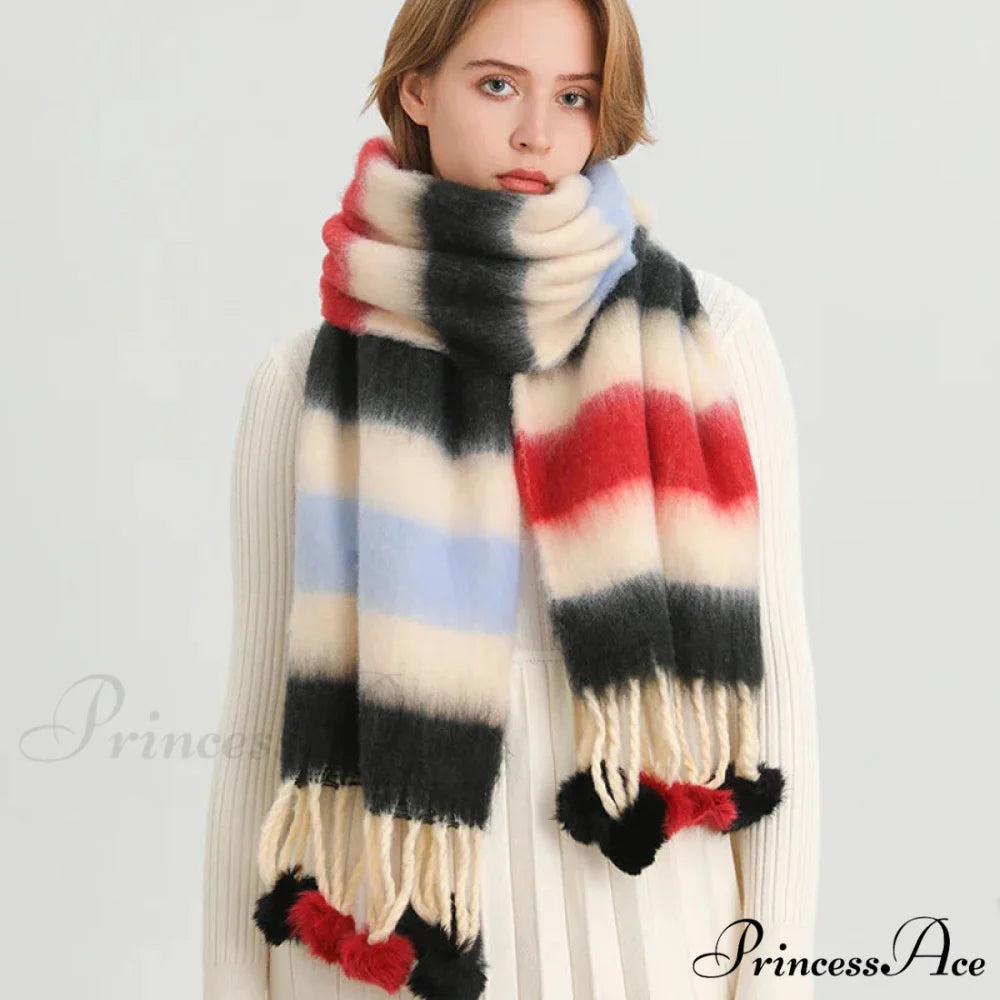 2024 Winter Multicolor Cashmere Loop Yarn Pashmina Scarf BLACK-RED-LIGHT BLUE