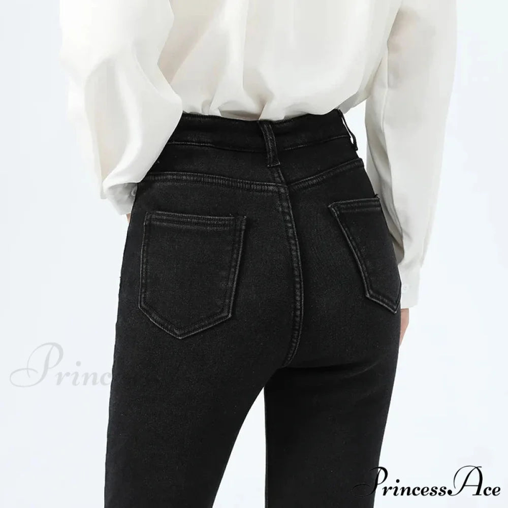2024 Winter Thermal Warm Plush Stretch Lady Skinny Fleece Women Thicken High Waist Denim Pants Retro Trousers Female