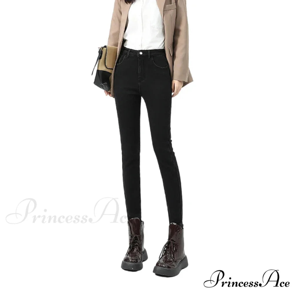 2024 Winter Thermal Warm Plush Stretch Lady Skinny Fleece Women Thicken High Waist Denim Pants Retro Trousers Female