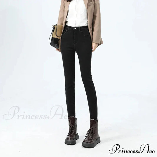 2024 Winter Thermal Warm Plush Stretch Lady Skinny Fleece Women Thicken High Waist Denim Pants Retro Trousers Female