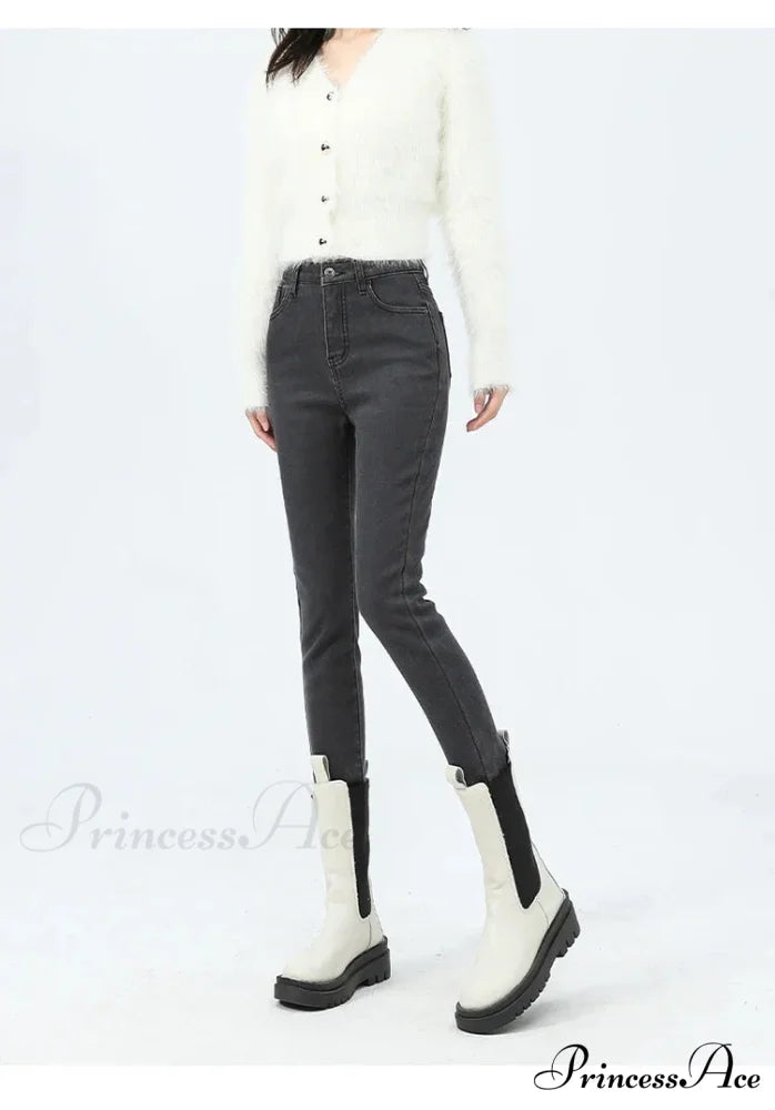 2024 Winter Thermal Warm Plush Stretch Lady Skinny Fleece Women Thicken High Waist Denim Pants Retro Trousers Female