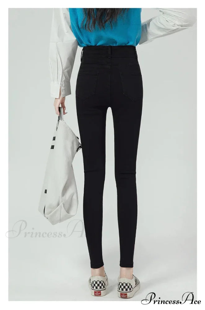 2024 Winter Warm Stretch Women High Waist Skinny Retro Thick Pencil Pants Slim Stretch Denim Trousers Jean Blue Grey
