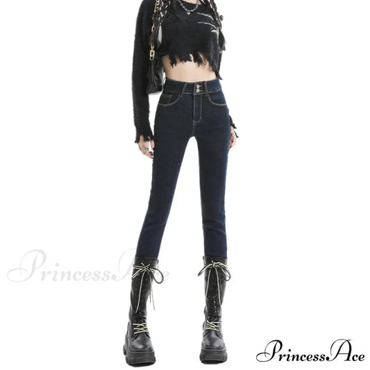 2024 Winter Warm Stretch Women Plush Thermal Fleece Skinny Retro Trousers Female Thicken High Waist Denim Pants Jean