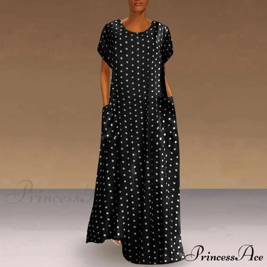 2024 Women Autumn Winter Vintage Printed Midi Casual O-Neck Long Sleeve Pockets Boho Streetwear Tops Dress Black / S