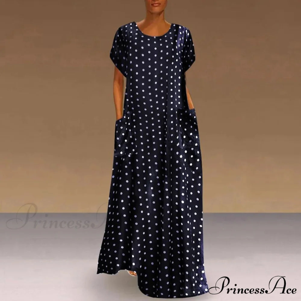 2024 Women Autumn Winter Vintage Printed Midi Casual O-Neck Long Sleeve Pockets Boho Streetwear Tops Dress Dark Blue / S