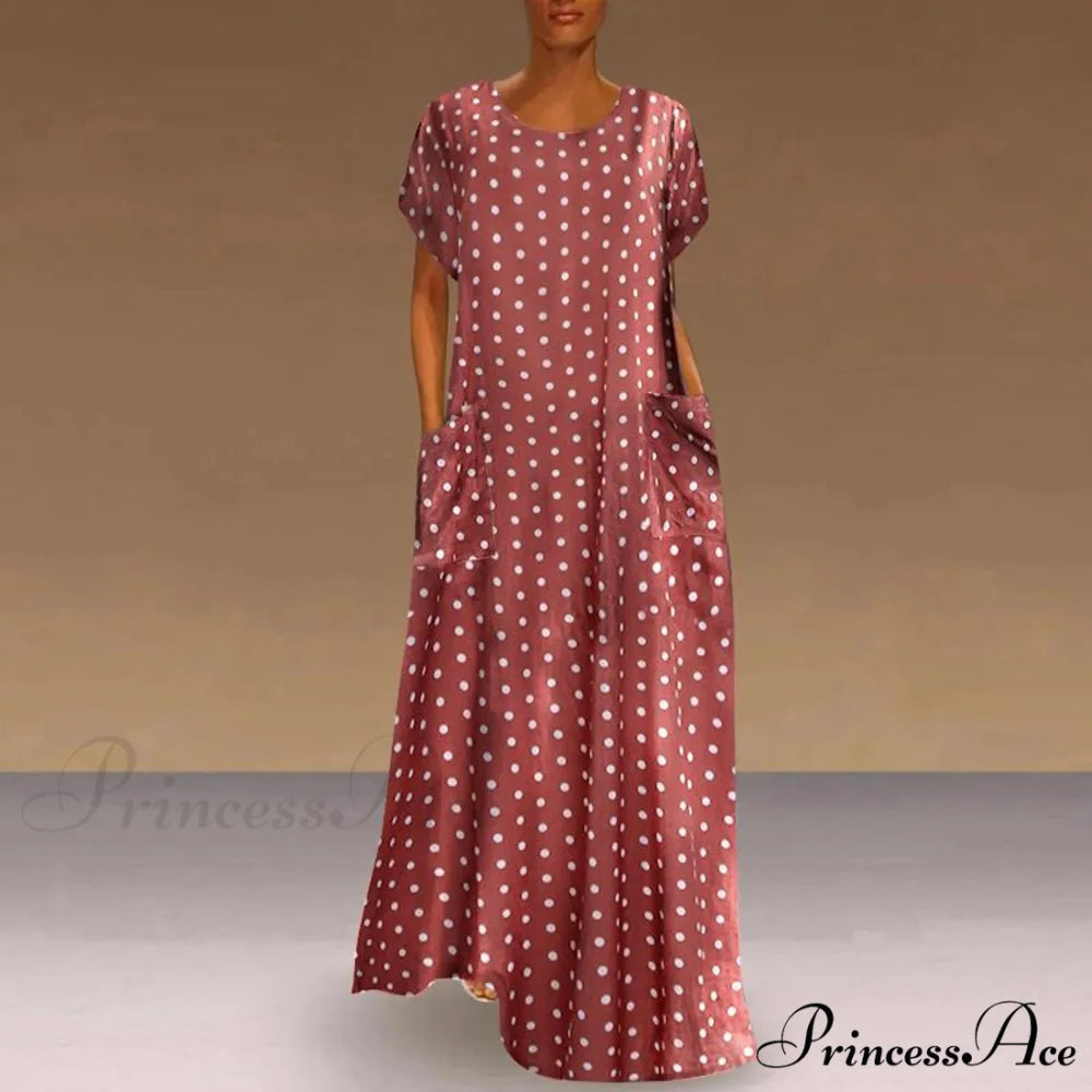 2024 Women Autumn Winter Vintage Printed Midi Casual O-Neck Long Sleeve Pockets Boho Streetwear Tops Dress Pink / S