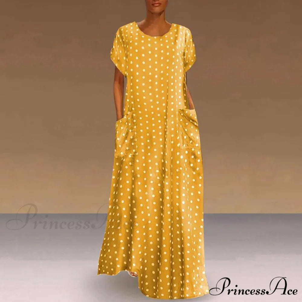 2024 Women Autumn Winter Vintage Printed Midi Casual O-Neck Long Sleeve Pockets Boho Streetwear Tops Dress Yellow / S