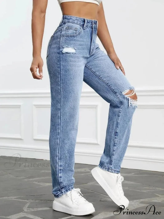 2024 Women Casual Fashion High Streetwear Ripped Holes Denim Pants Female Vintage Trousers Jean Blue / S