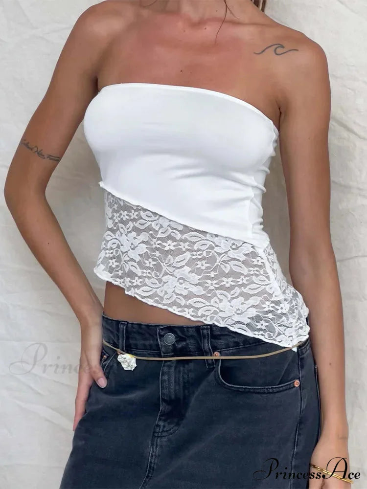 2024 Women Chest Wrapping Solid Lace See Through Backless Casual Chic Strapless Crop Going Out Sleeveless Camis Tank top