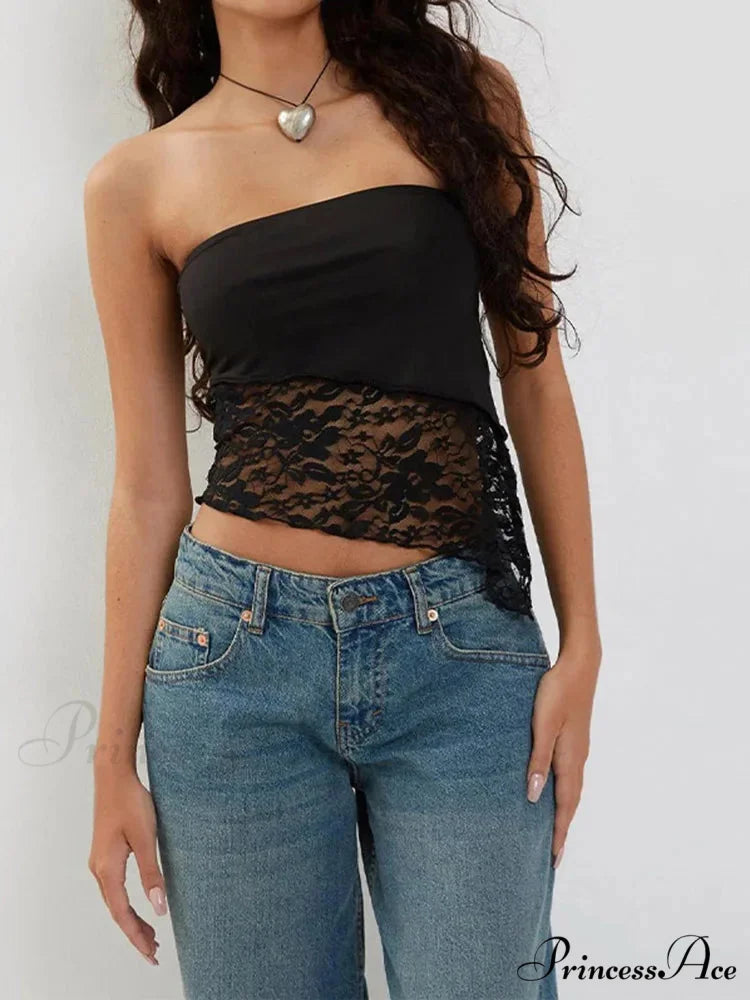 2024 Women Chest Wrapping Solid Lace See Through Backless Casual Chic Strapless Crop Going Out Sleeveless Camis Tank top
