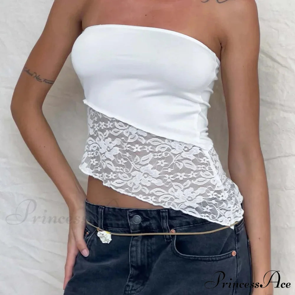 2024 Women Chest Wrapping Solid Lace See Through Backless Casual Chic Strapless Crop Going Out Sleeveless Camis Tank