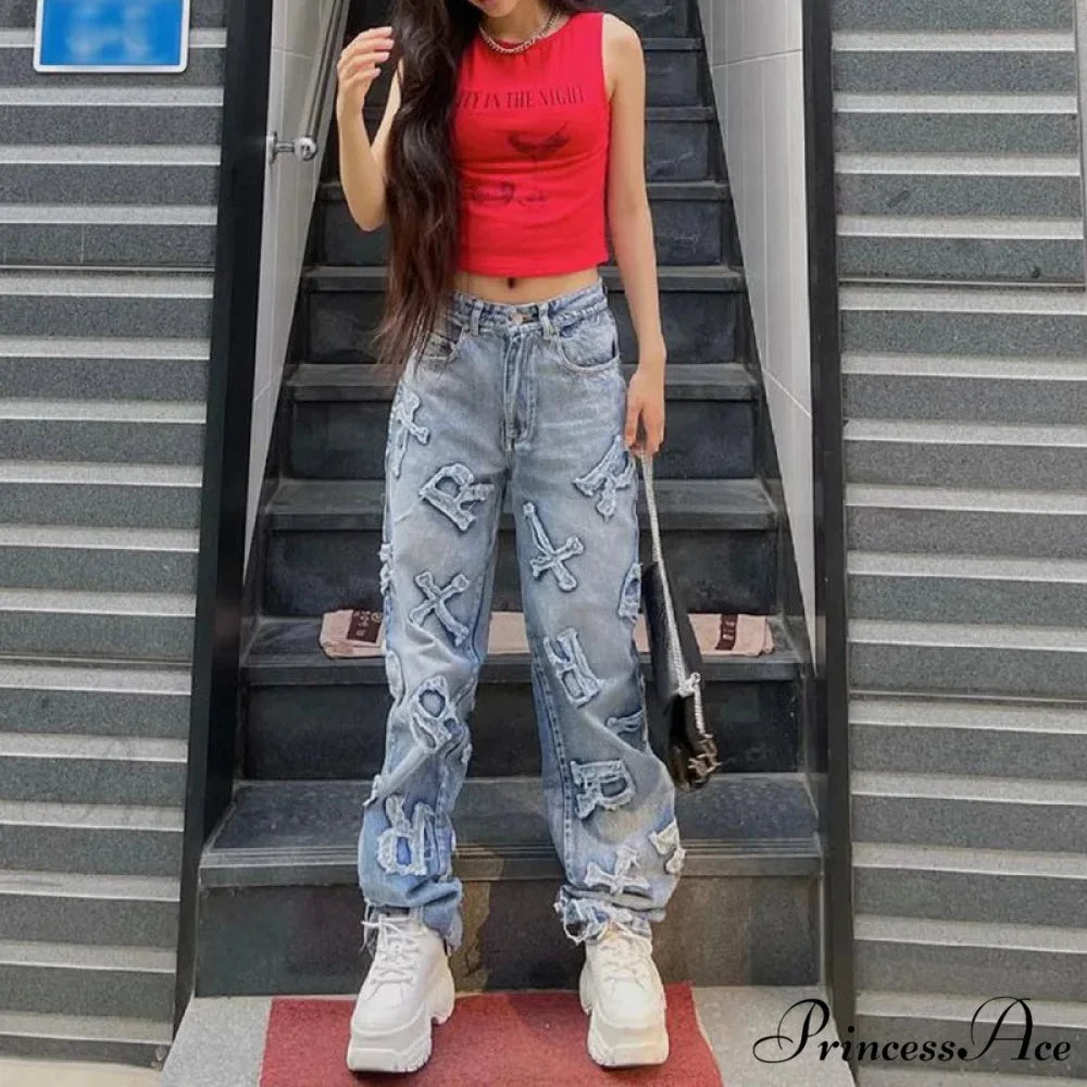 2024 Women Letter Patch Wide Leg Blue High Waist Personality Baggy Streetwear Y2K Fashion Cotton Denim Jean