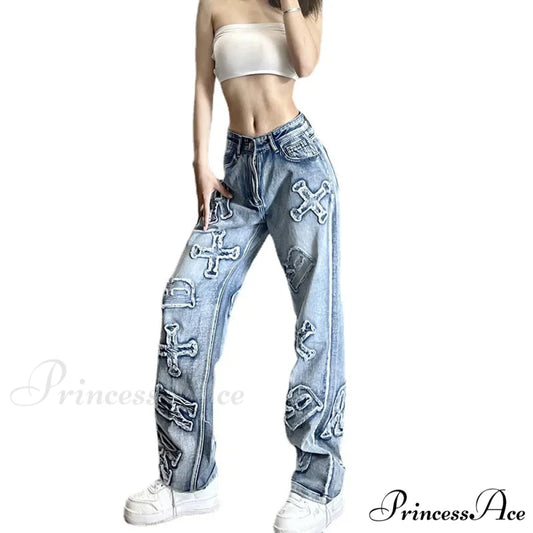 2024 Women Letter Patch Wide Leg Blue High Waist Personality Baggy Streetwear Y2K Fashion Cotton Denim Jean