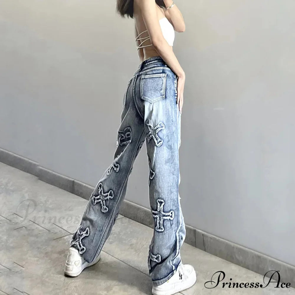 2024 Women Letter Patch Wide Leg Blue High Waist Personality Baggy Streetwear Y2K Fashion Cotton Denim Jean