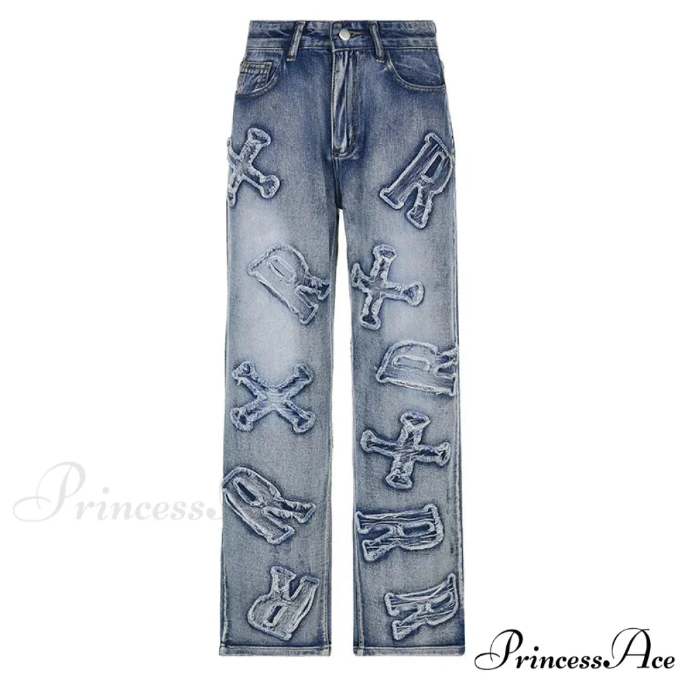 2024 Women Letter Patch Wide Leg Blue High Waist Personality Baggy Streetwear Y2K Fashion Cotton Denim Jean Blue / S