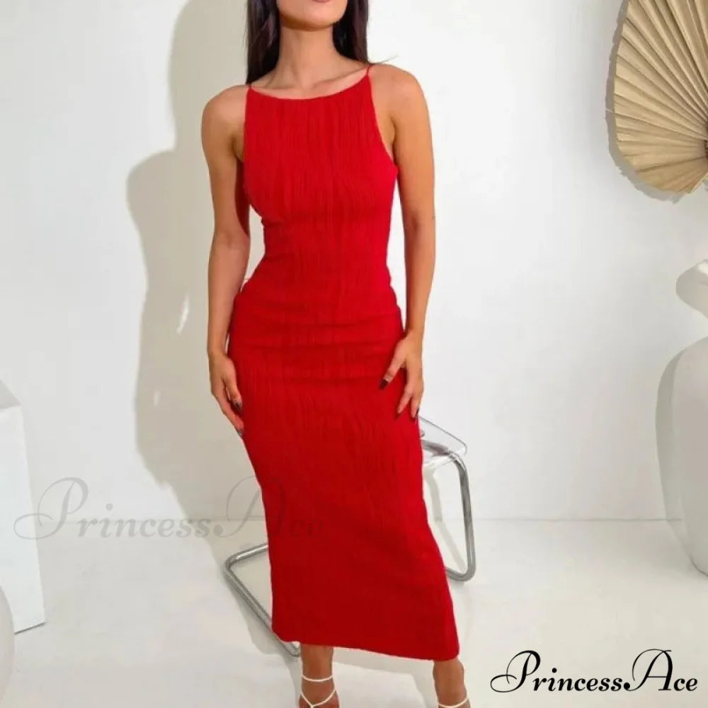 2024 Women Long Ruched Sleeveless Slim Solid Summer Party Back Split Clubwear Female Maxi Dress Red / S