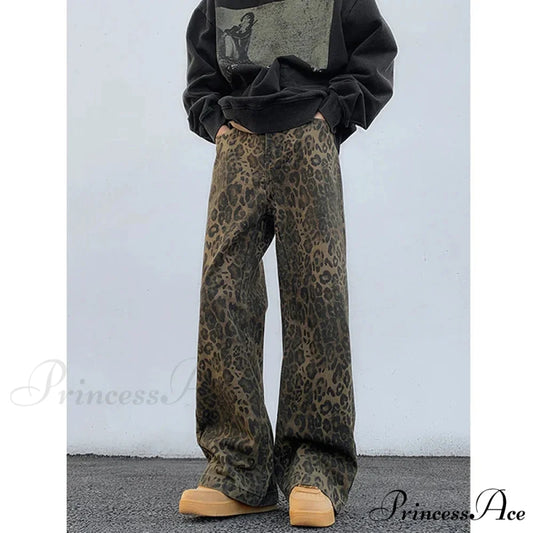 2024 Y2K Leopard Print Wide Leg Women High Waisted Fashion Streetwear Retro Denim Baggy Casual Straight Jean Leopard / S