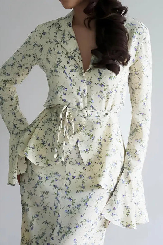 Long Sleeve Small Floral Waist Cinch Top Midi Skirt Two Piece Set