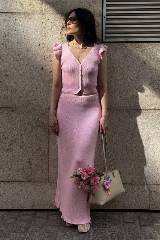 V Neck Flutter Sleeve Knit Top Maxi Skirt Set