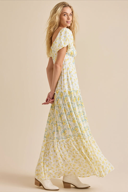Puff Sleeve Floral V Neck Boho Dress