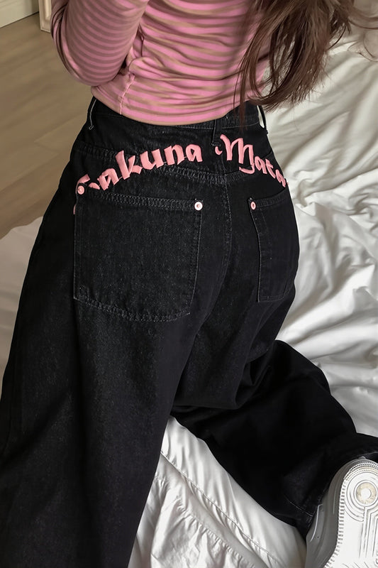 High Waist Letter Embroidery Slim Jeans