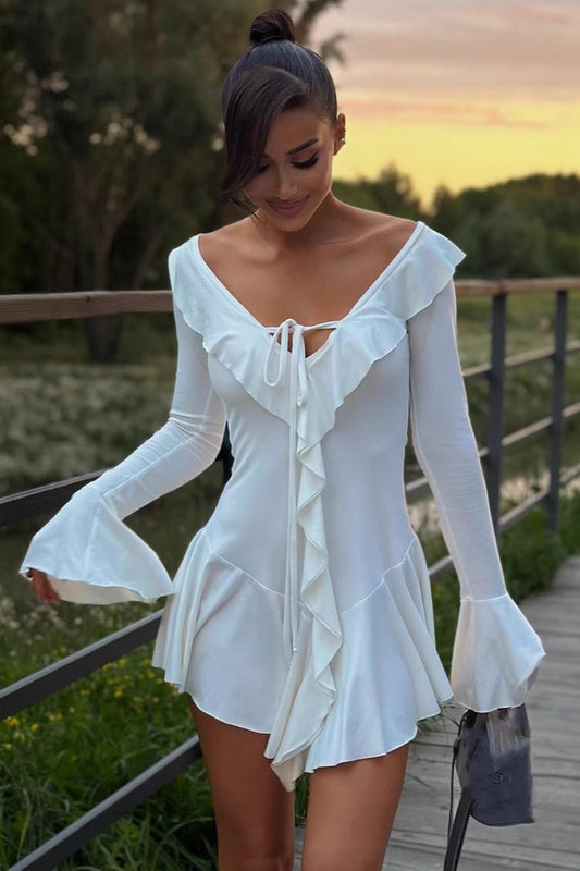 Solid Ruffle Flare Tie Bodycon Mini Dress