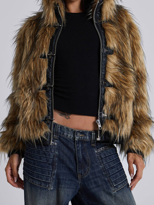 Metal Button Zipper Fur Leather Panel Loose Coat