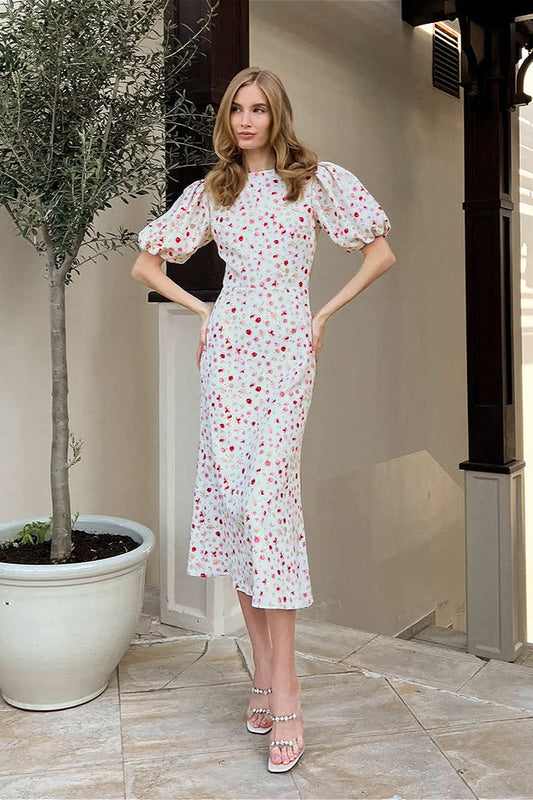 Puff Sleeve Slim Waist Long Floral Dress
