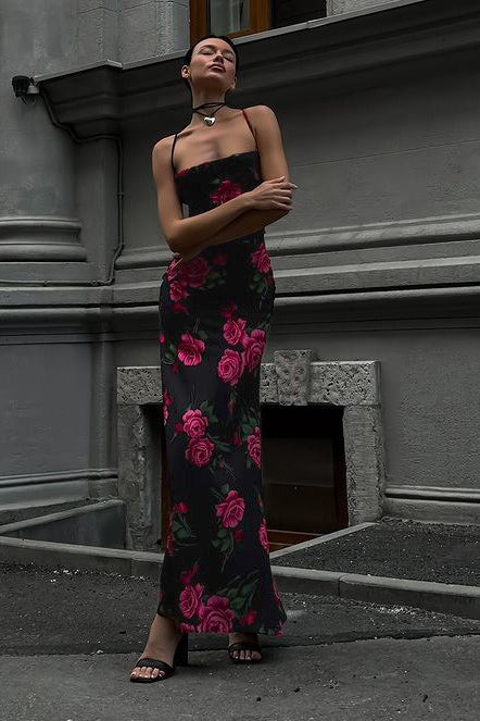 Sexy Floral Print Backless Tie Maxi Dress