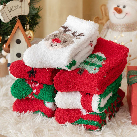 Thick Coral Fleece Cute Reindeer Snowman Christmas Socks