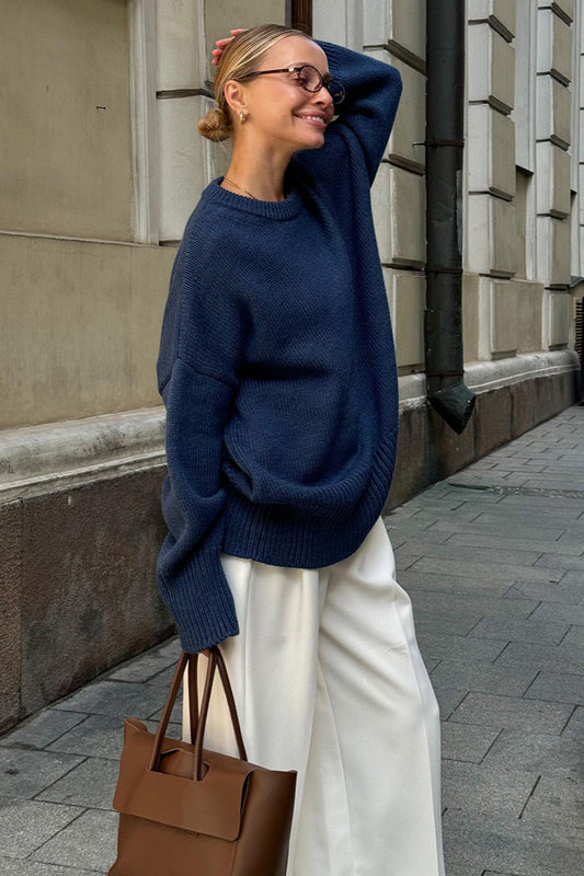 Solid Color Relaxed Fit Crew Neck Knit Sweater