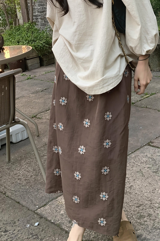 Embroidered Linen Blend Midi Skirt