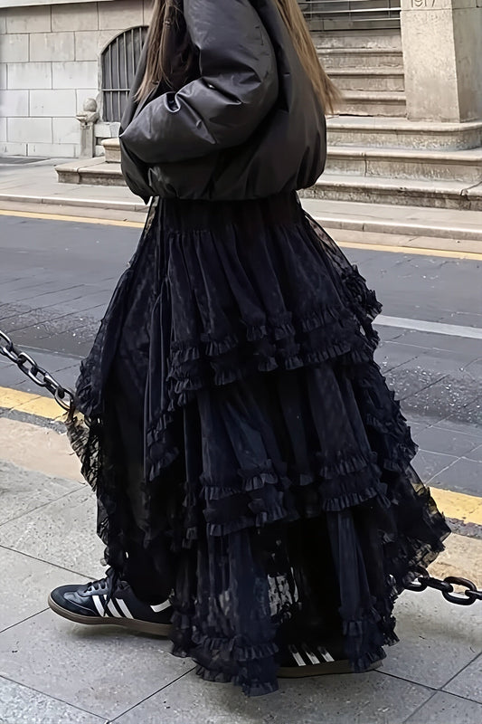 Lace Ruffle Tiered Tulle Maxi Skirt