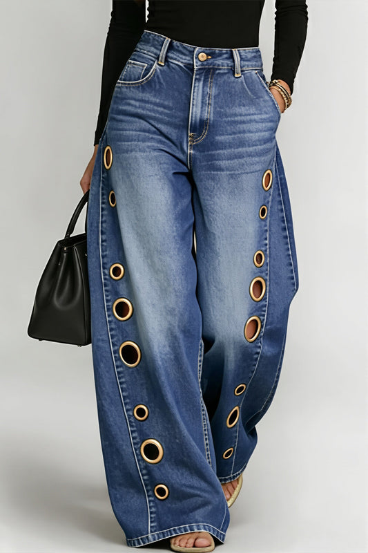 High Waist Eyelet Loose Wide Leg Jeans