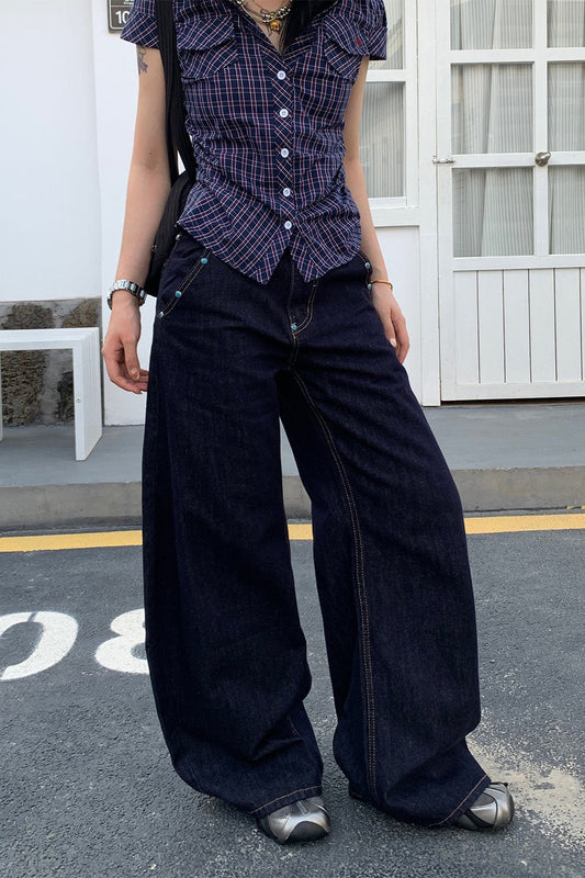 Retro Solid Diamond Accent Wide Leg Jeans