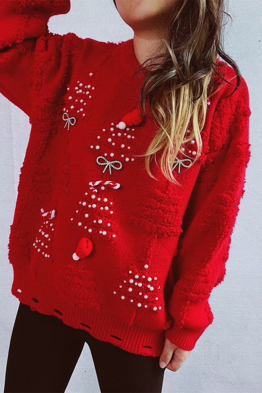 Christmas 3D Tree Pearl Solid Flocked Sweater