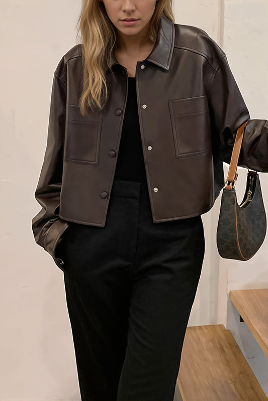 Cropped Faux Leather Shirt Jacket