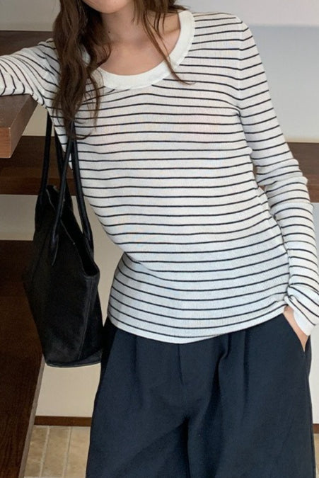 Wool Striped Round Neck Knit Top