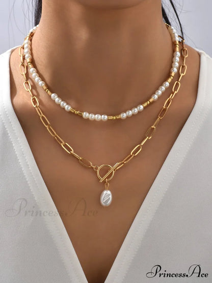 2pcs Faux Pearl Charm OT Buckle Necklace Multicolor / one-size