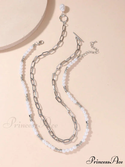 2pcs Faux Pearl Charm OT Buckle Necklace Silver / one-size