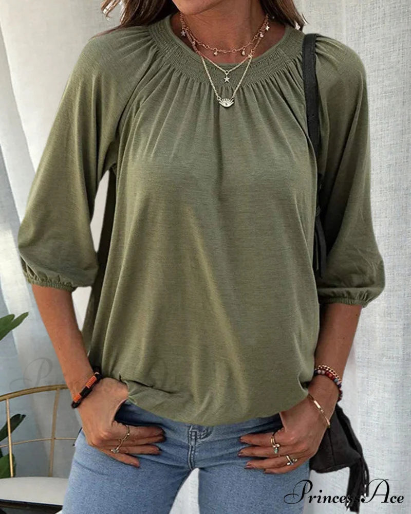 3/4 Arm Crew Neck T-Shirt Army Green / S