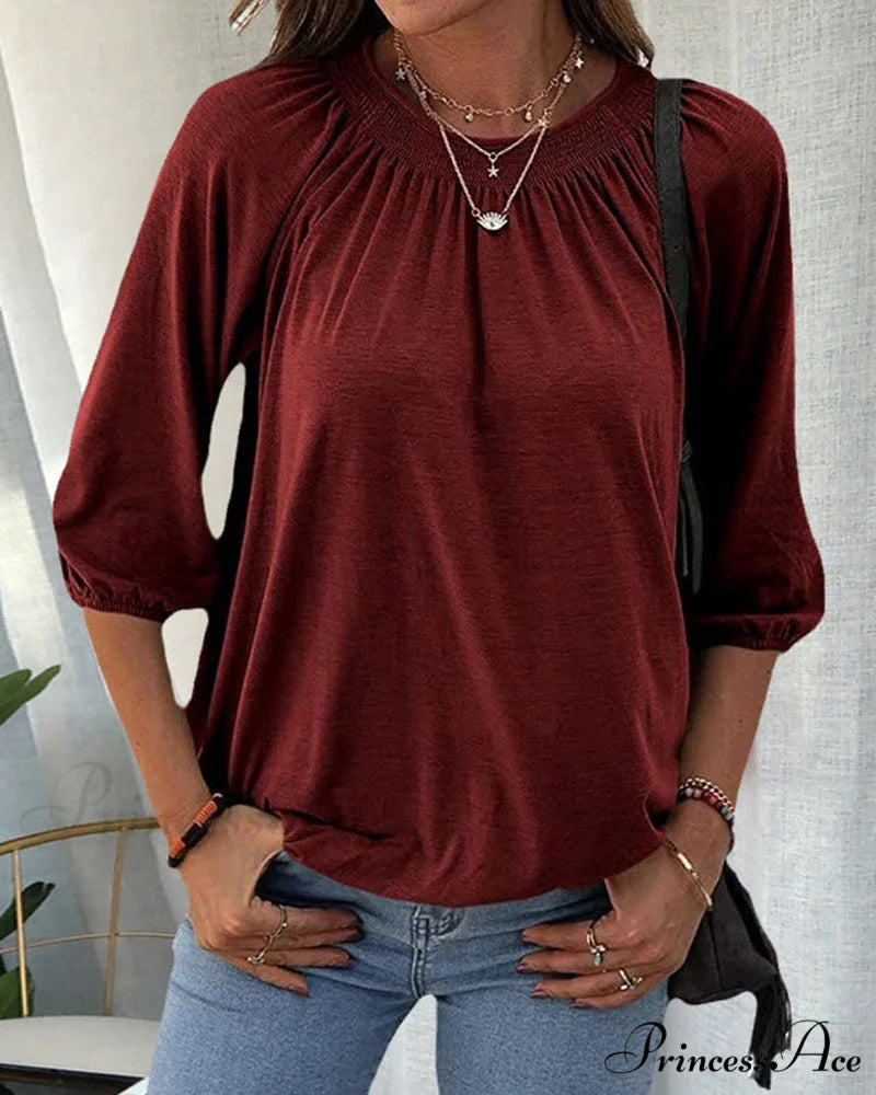 3/4 Arm Crew Neck T-Shirt Burgundy / S