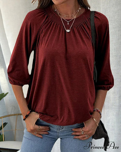 3/4 Arm Crew Neck T-Shirt Burgundy / S